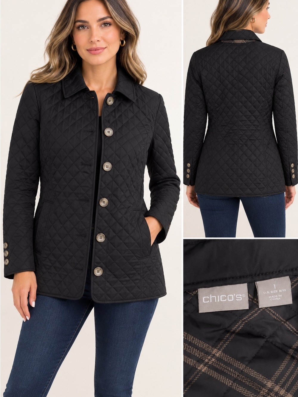 Chico's Black Quilted Button-Front Utility Jacket with Notch Collar